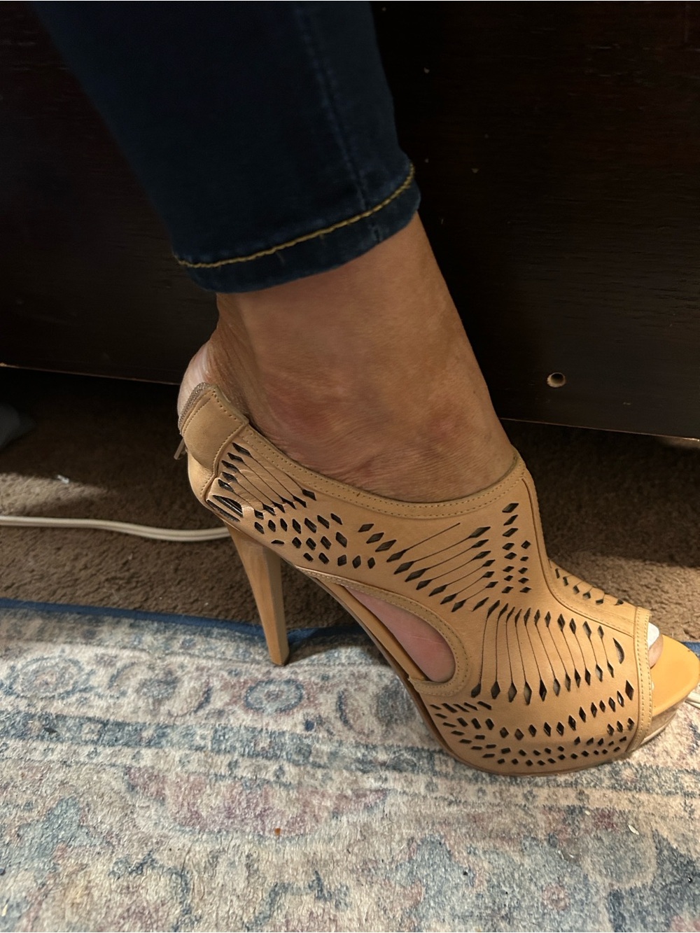 Carlos by Carlos Santana Tan Laser-Cut Peep Toe Stiletto Heels